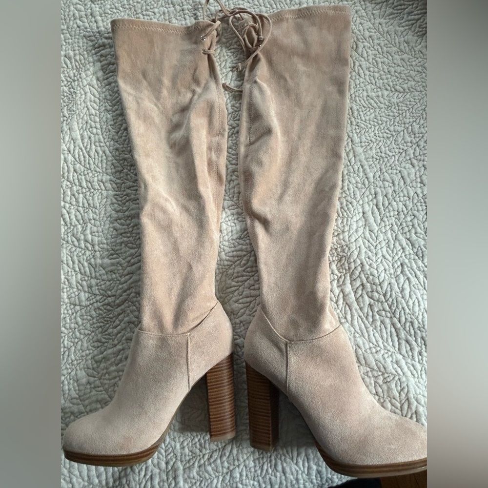 LIKE NEW! Light Blush Pink Knee High Velvet Boots Size 7.5 Lace Tie Shaft